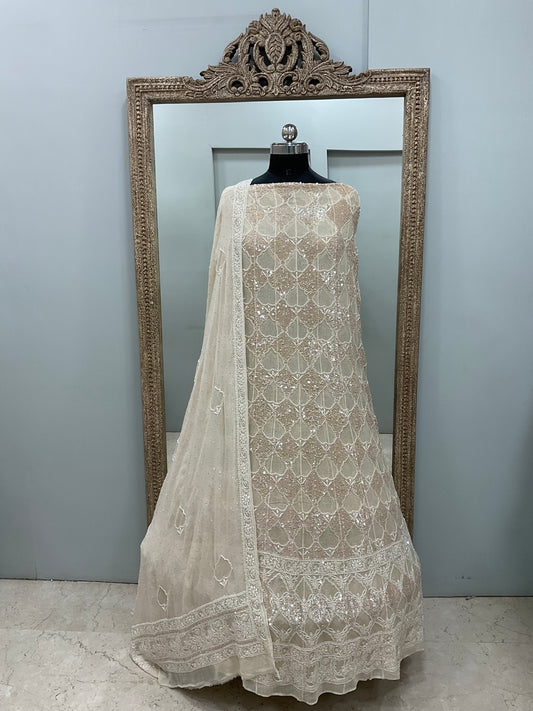 Superfine Pure Georgette Anarkali Heavy Pearl, Cutdana and Sequence,Jaali Work Golden