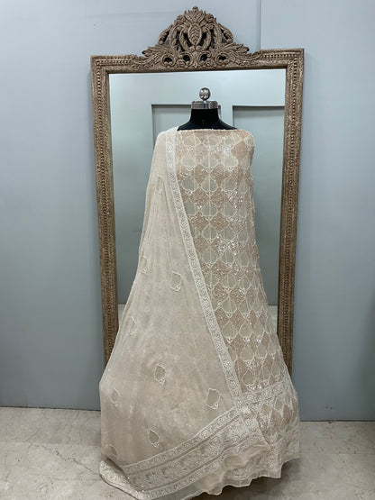 Superfine Pure Georgette Anarkali Heavy Pearl, Cutdana and Sequence,Jaali Work Golden