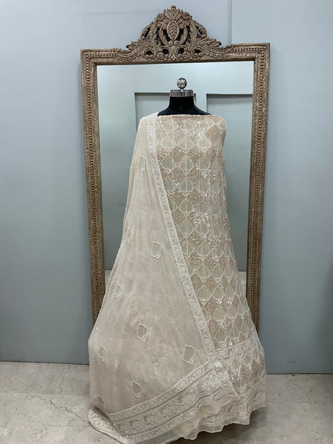 Superfine Pure Georgette Anarkali Heavy Pearl, Cutdana and Sequence,Jaali Work Golden