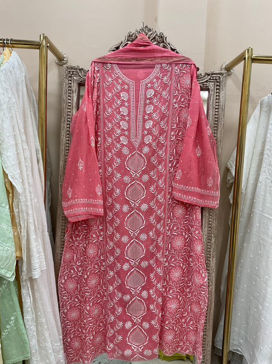 Pure Mul Cotton Straight Pearl And Addon Work With Dupatta Red