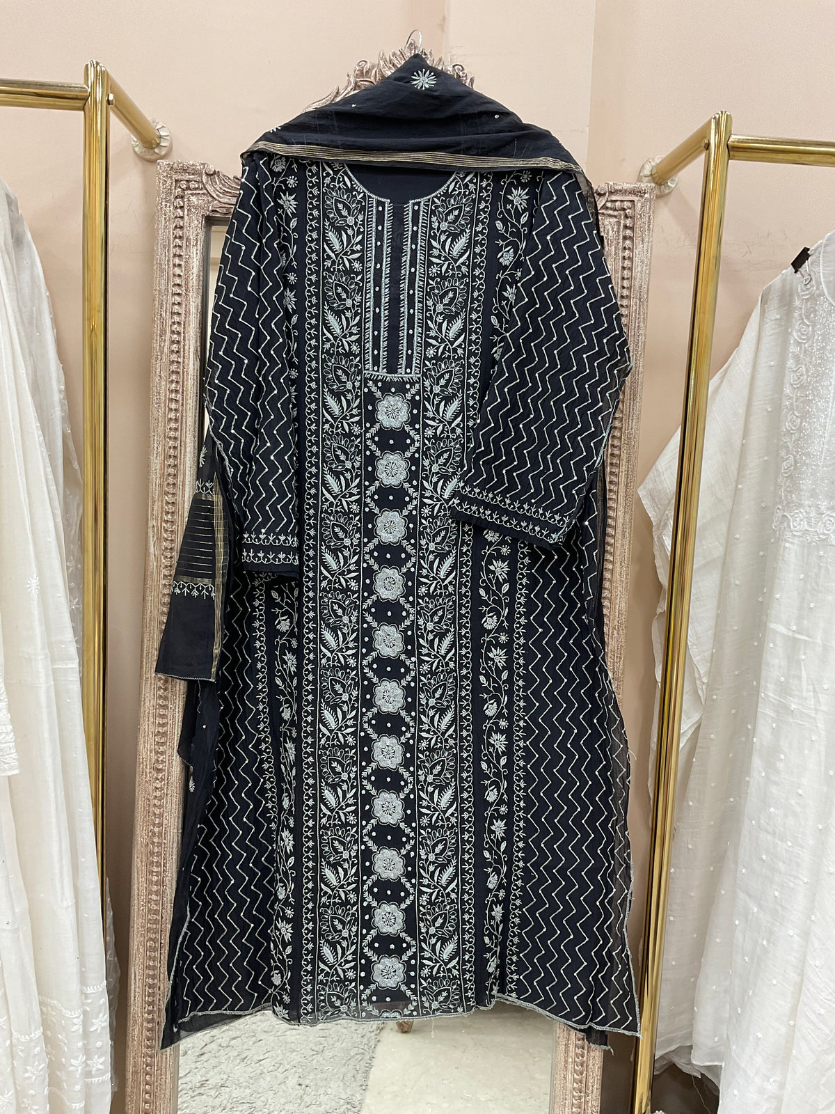 Pure Mul Cotton Straight Pearl And Addon Work With Dupatta Black