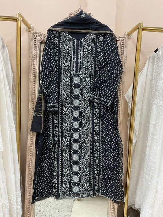 Pure Mul Cotton Straight Pearl And Addon Work With Dupatta Black