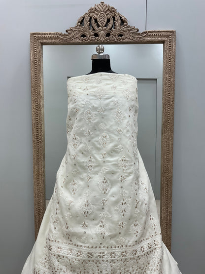 Pure Cotton Voil Booty Straight Shirt Dupatta and Bottom White