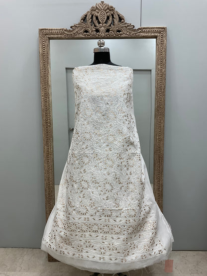 Pure Cotton Voil Booty Straight Shirt Dupatta and Bottom White