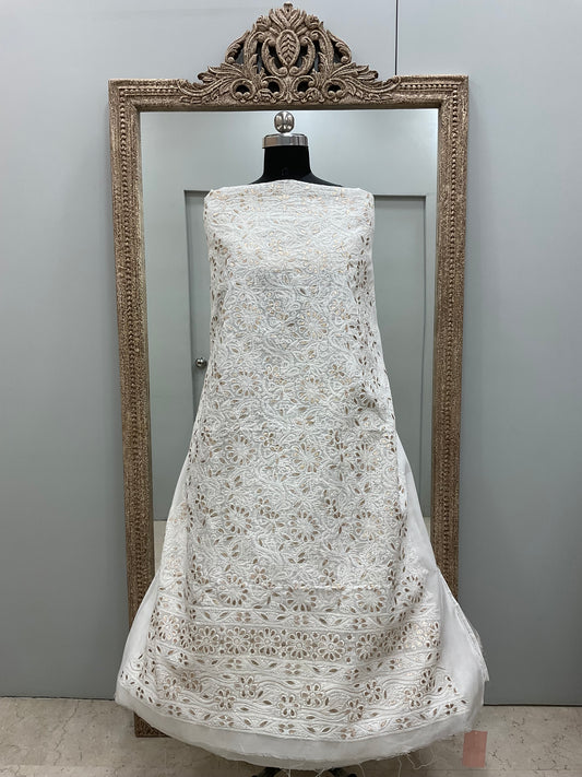 Pure Cotton Voil Booty Straight Shirt Dupatta and Bottom White