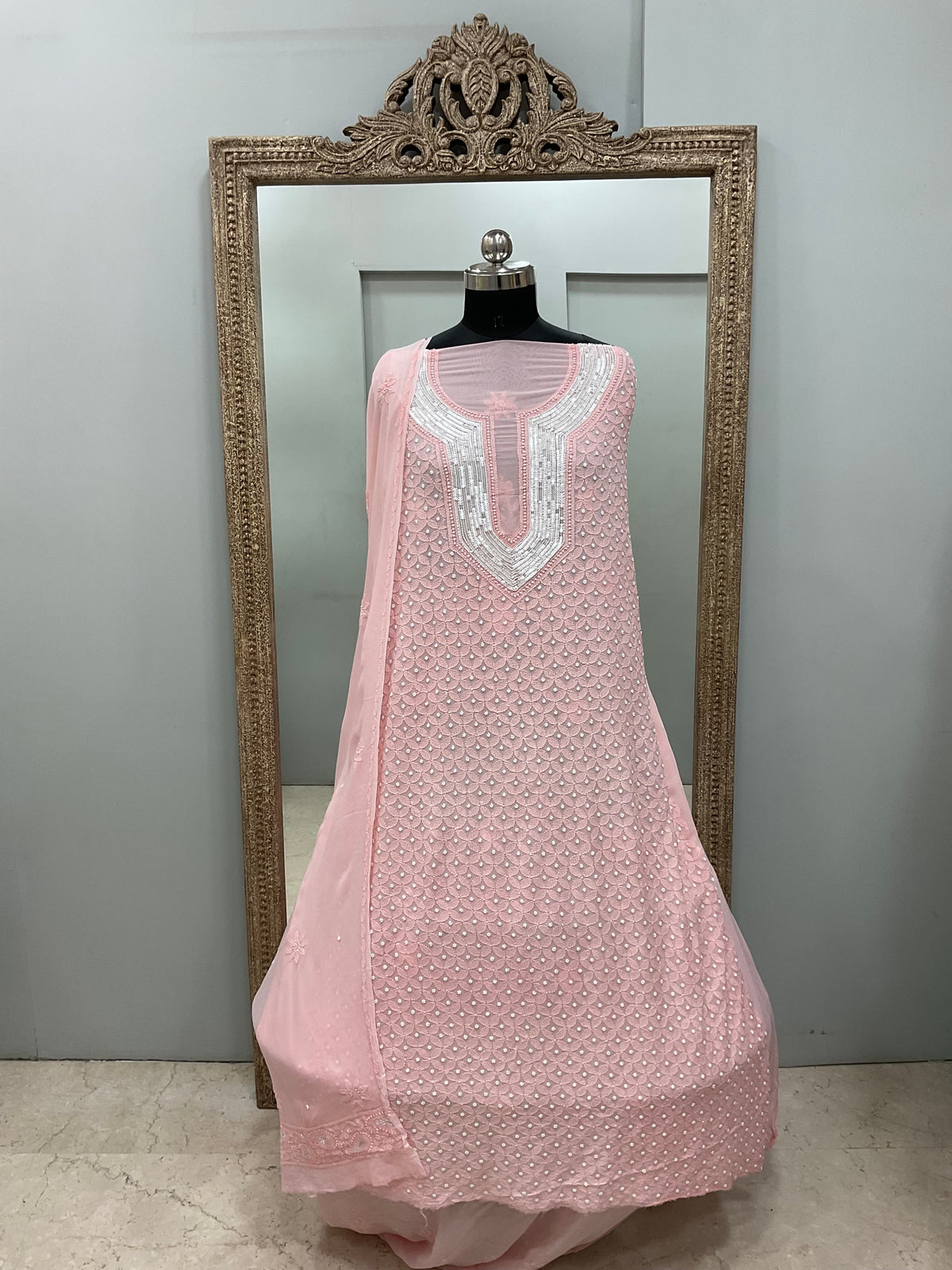 Pearl Gala Straight with Heavy Pearl Work  Pink