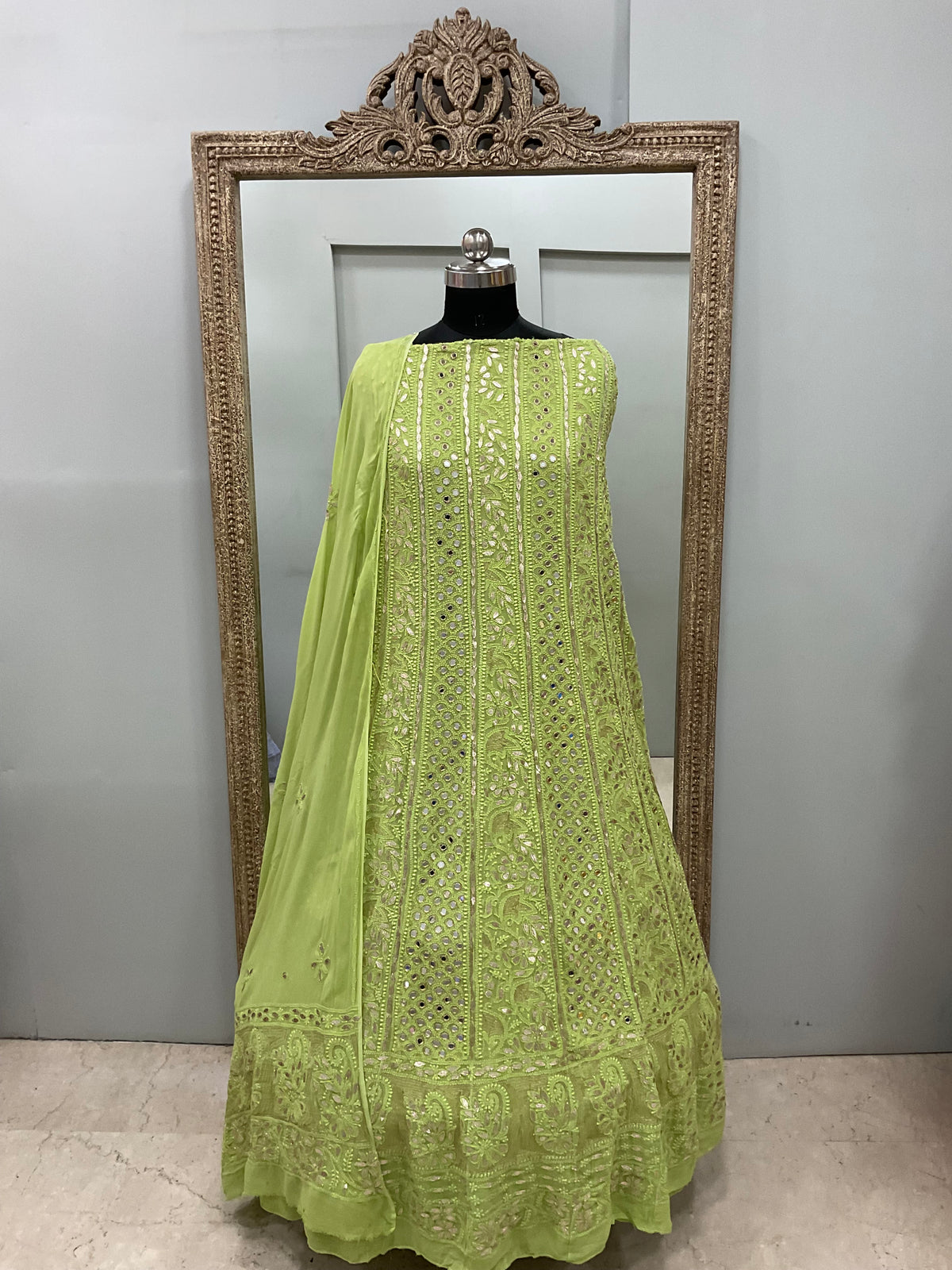 Georgette Anarkali Heavy Gota Mirror Work Green
