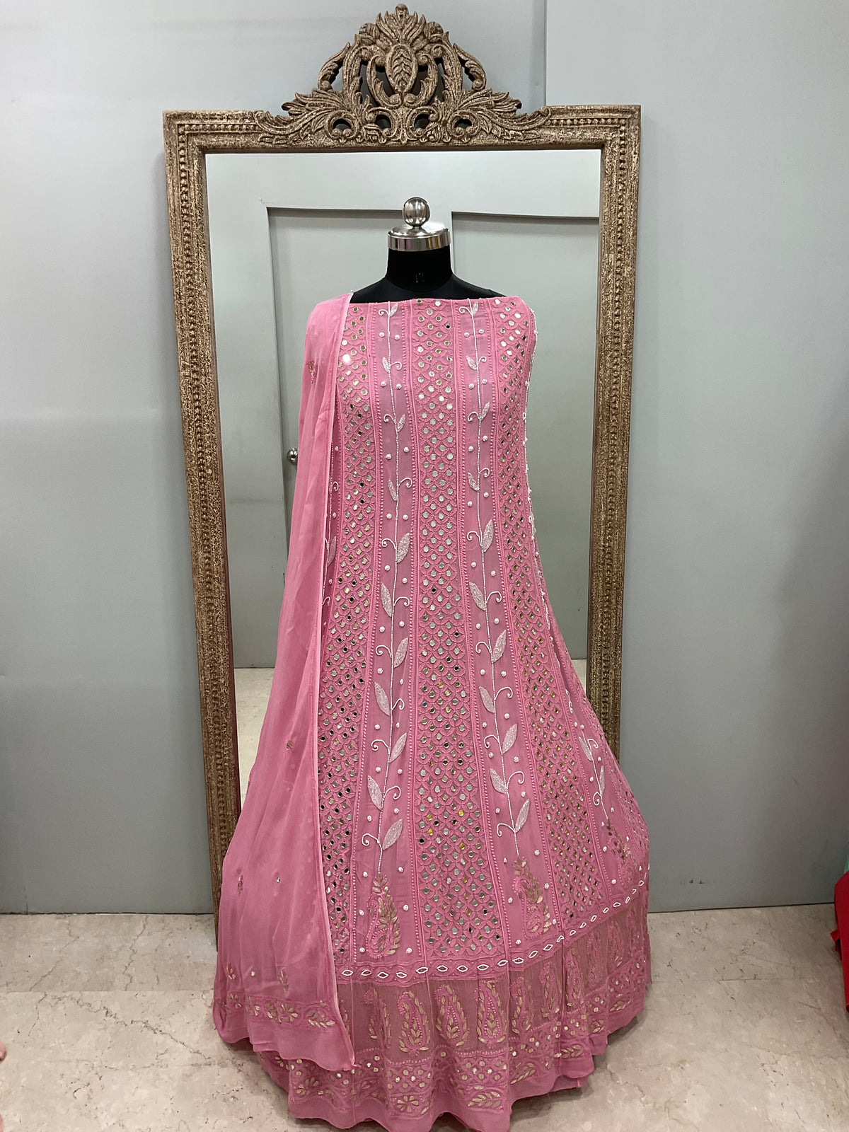 Georgette Anarkali Heavy Gota Mirror Work Pink