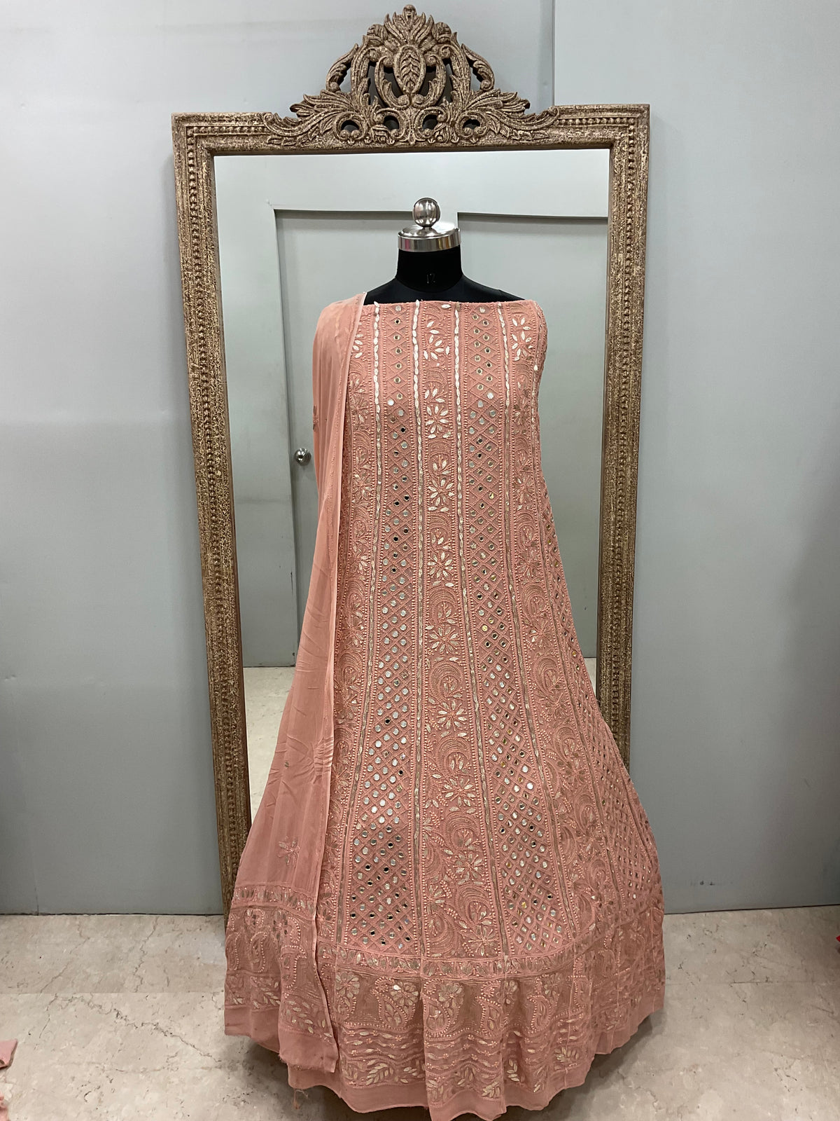 Georgette Anarkali Heavy Gota Mirror Work Peach