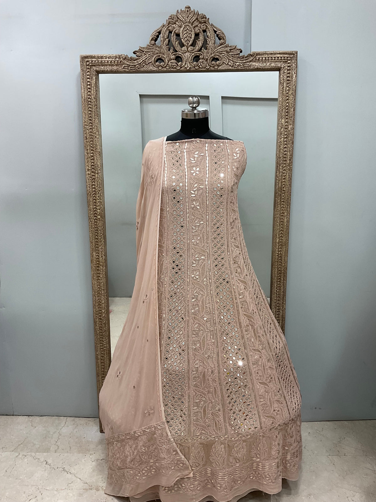 Georgette Anarkali Heavy Gota Mirror Work Beige