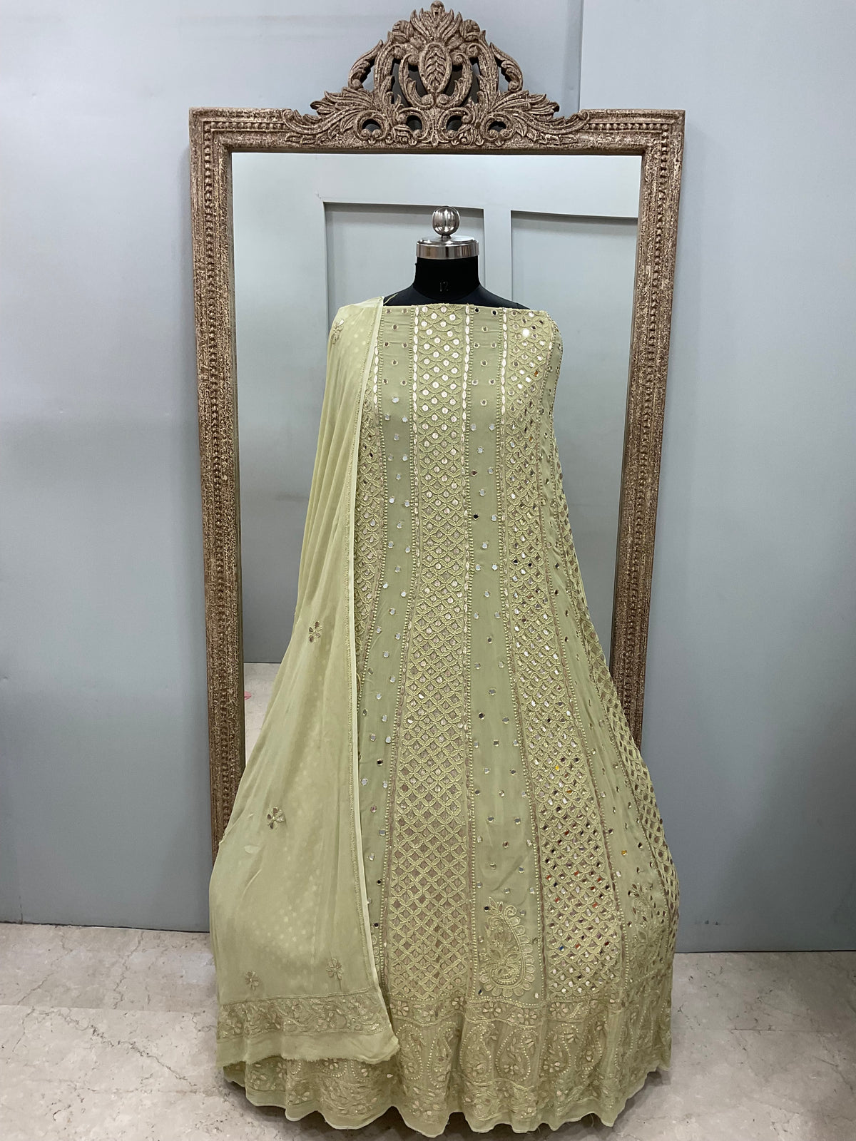 Georgette Anarkali Heavy Gota Mirror Work Green