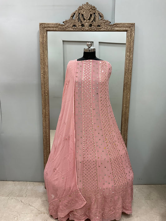 Georgette Anarkali Heavy Gota Mirror Work Peachy Pink