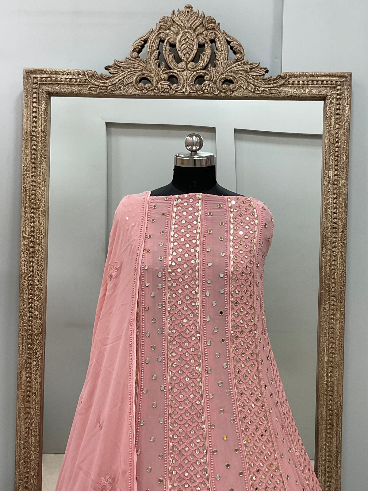 Georgette Anarkali Heavy Gota Mirror Work Peachy Pink