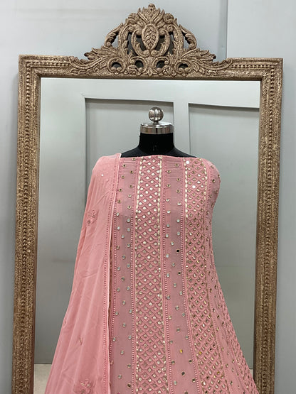 Georgette Anarkali Heavy Gota Mirror Work Peachy Pink