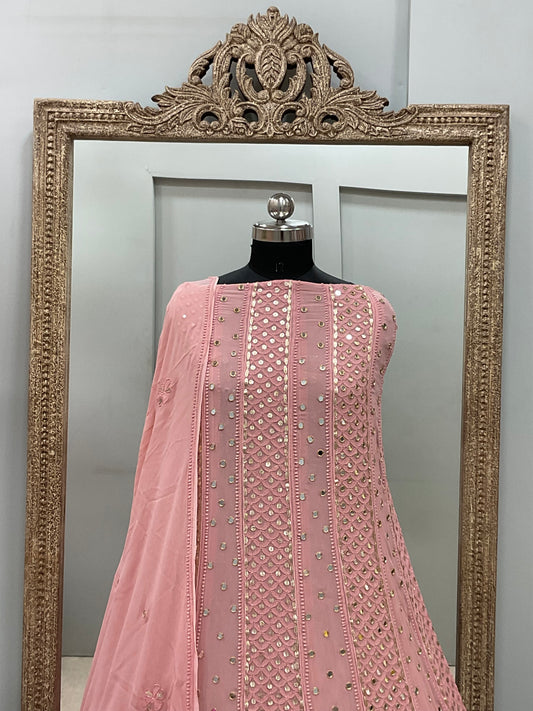 Georgette Anarkali Heavy Gota Mirror Work Peachy Pink