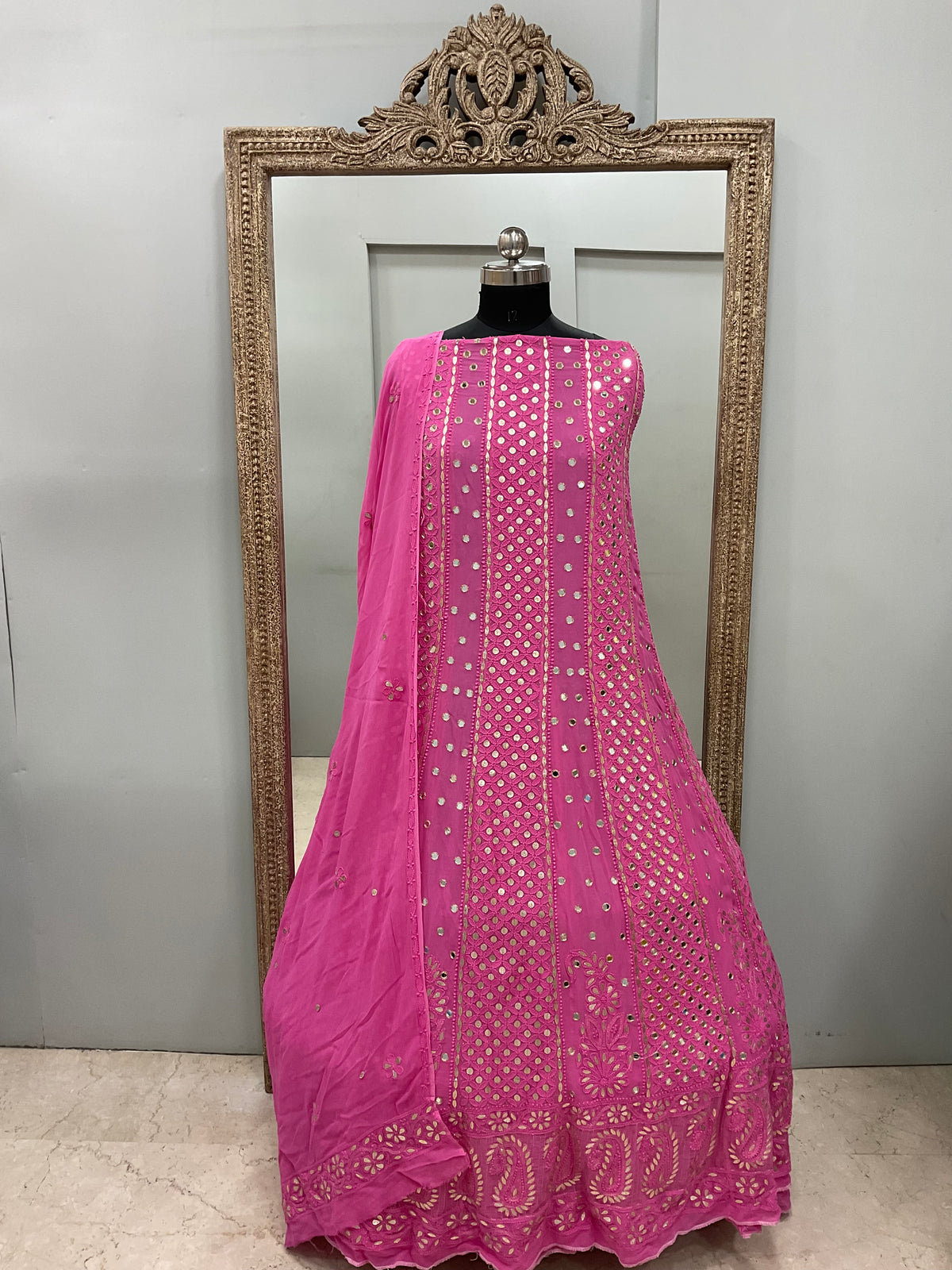 Georgette Anarkali Heavy Gota Mirror Work Magenta Pink