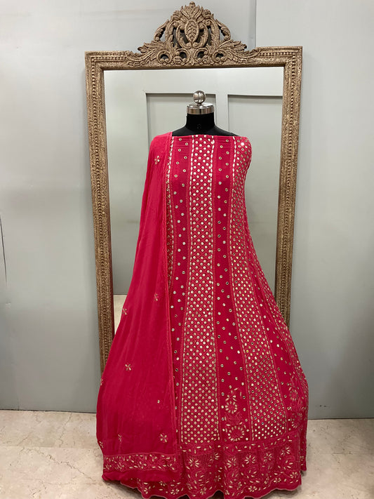 Georgette Anarkali Heavy Gota Mirror Work Tomato Red