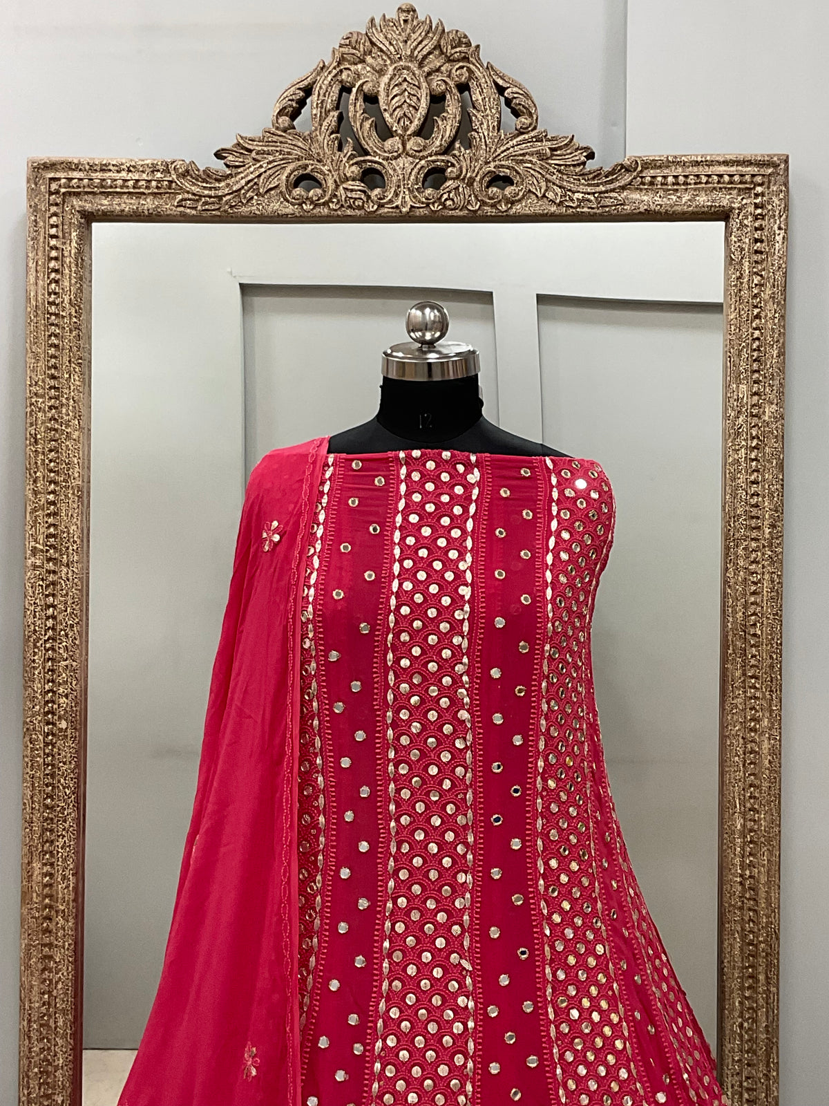 Georgette Anarkali Heavy Gota Mirror Work Tomato Red