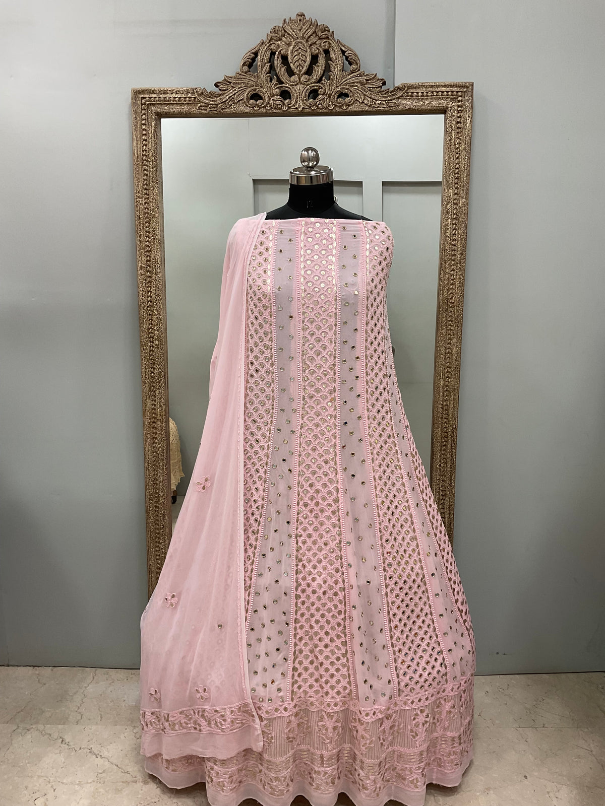 Georgette Anarkali Heavy Gota Mirror Work Powder Pink