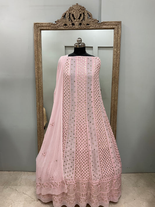 Georgette Anarkali Heavy Gota Mirror Work Powder Pink