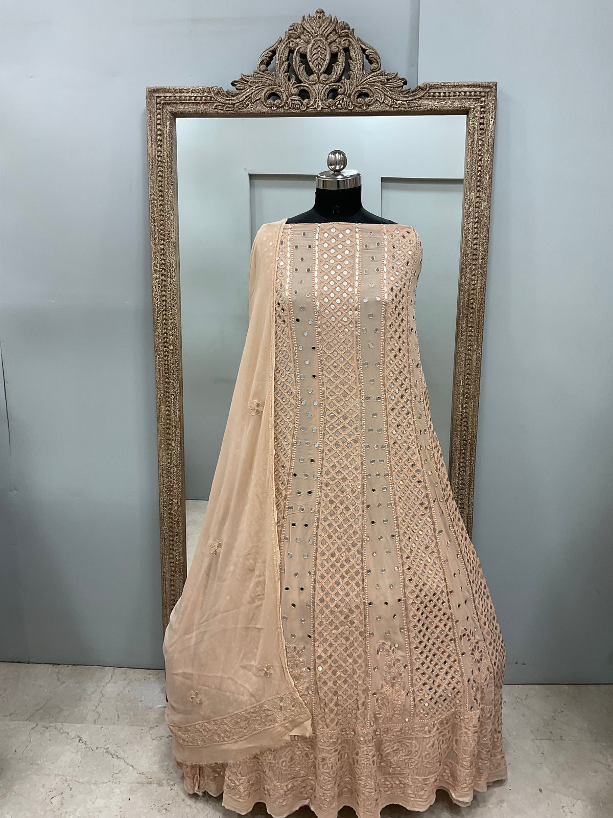 Georgette Anarkali Heavy Gota Mirror Work Beige