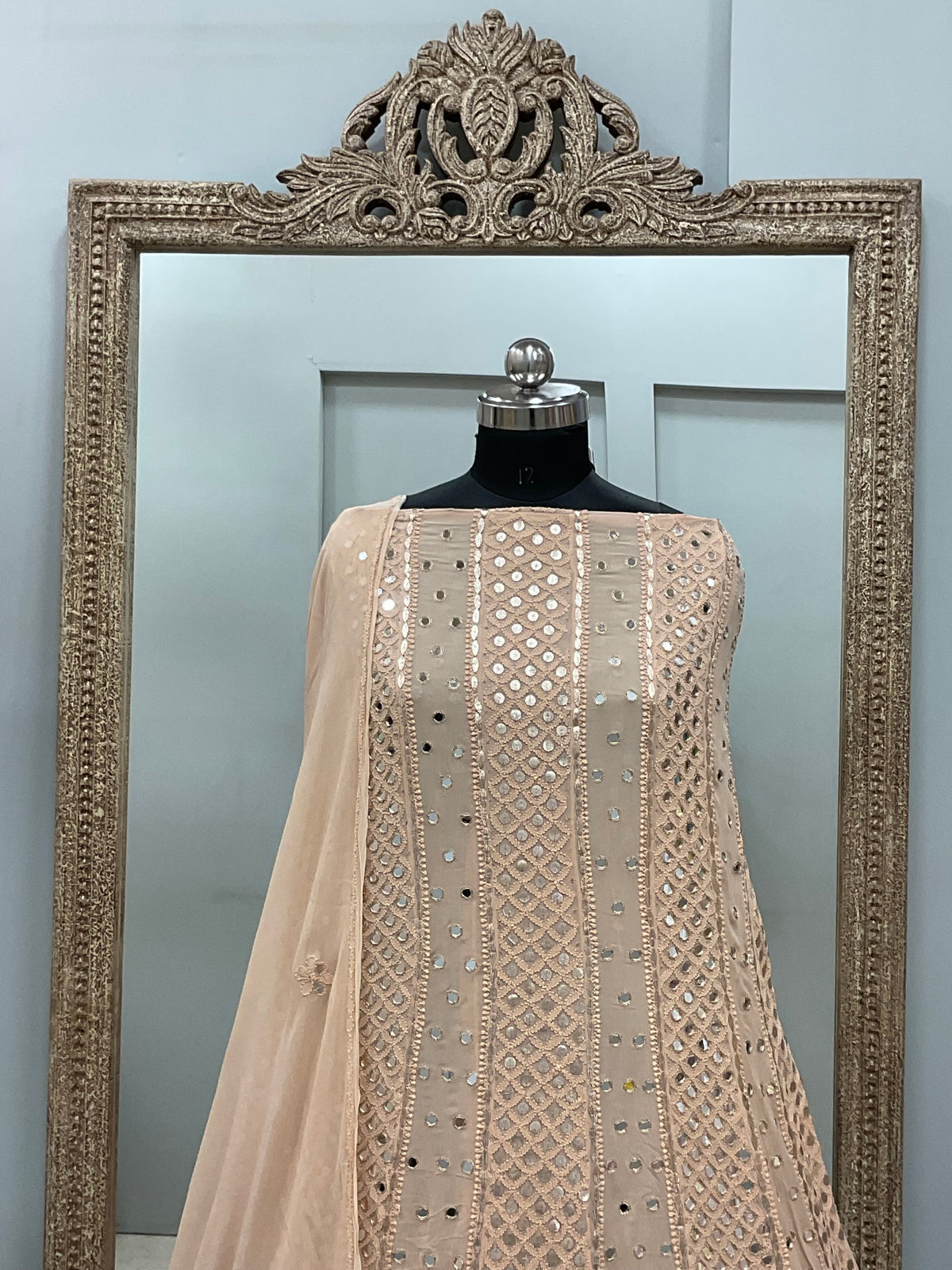 Georgette Anarkali Heavy Gota Mirror Work Beige