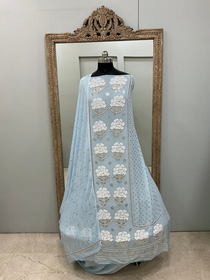 Badla Mukaish and Heavy Pearl Work Shirt and Dupatta Blue