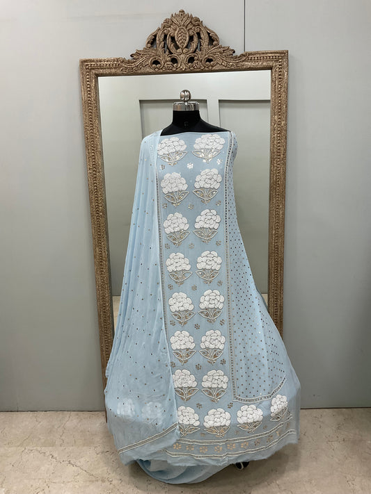 Badla Mukaish and Heavy Pearl Work Shirt and Dupatta Blue