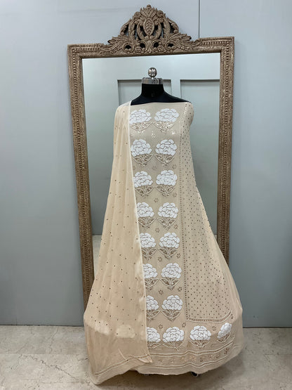Badla Mukaish and Heavy Pearl Work Shirt and Dupatta Powder Beige