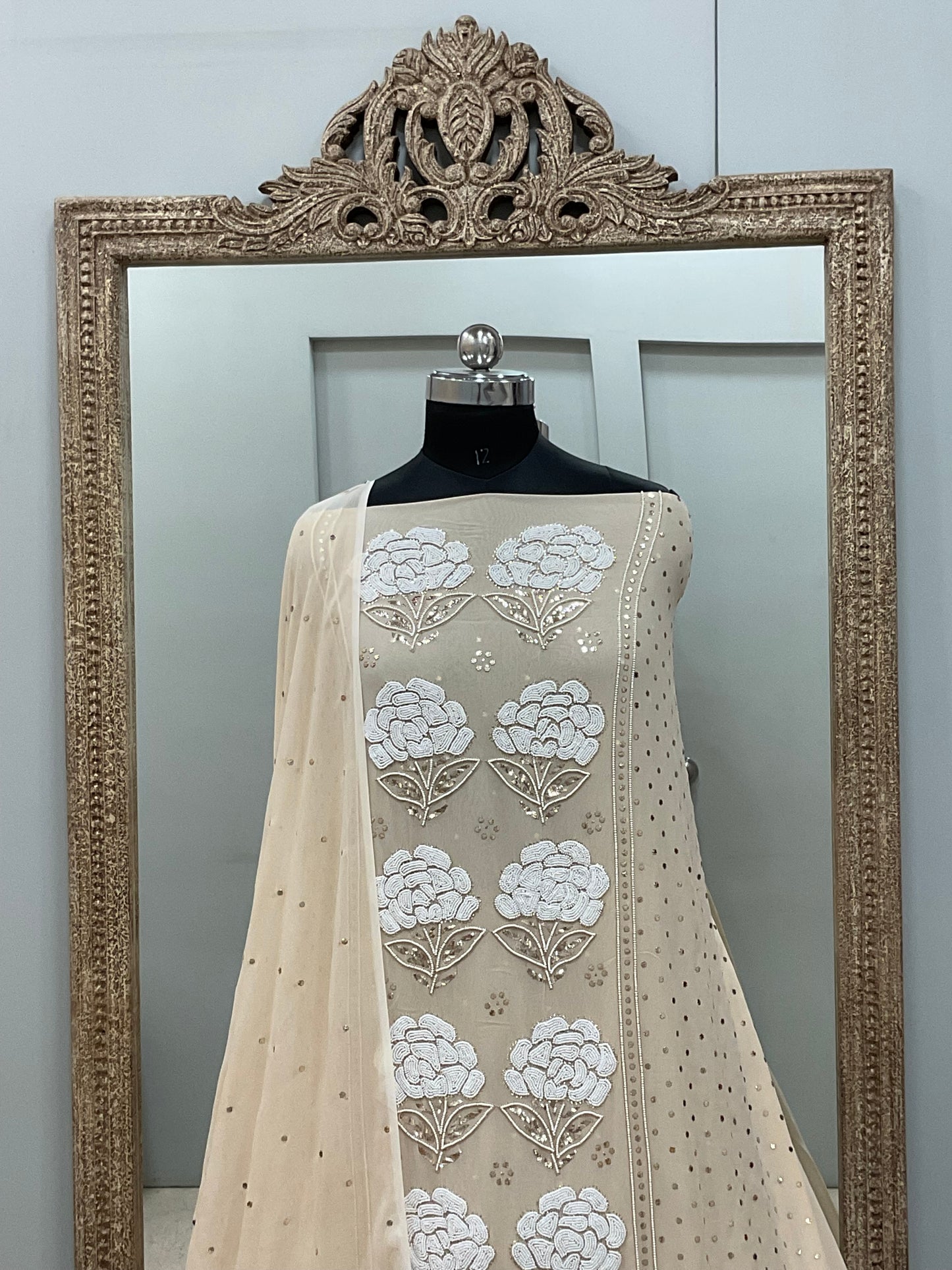 Badla Mukaish and Heavy Pearl Work Shirt and Dupatta Powder Beige