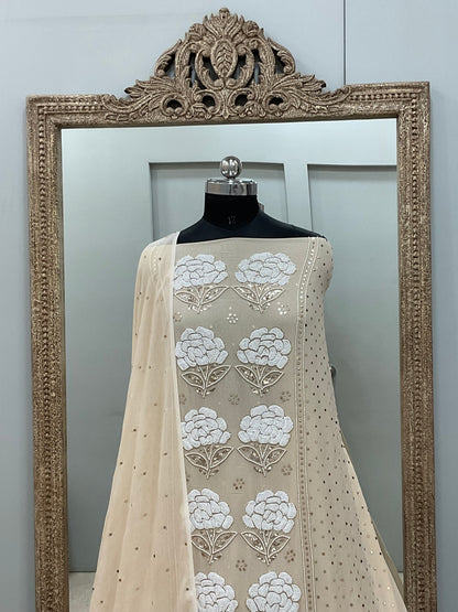 Badla Mukaish and Heavy Pearl Work Shirt and Dupatta Powder Beige