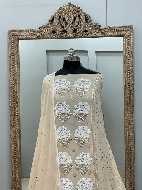 Badla Mukaish and Heavy Pearl Work Shirt and Dupatta Powder Beige
