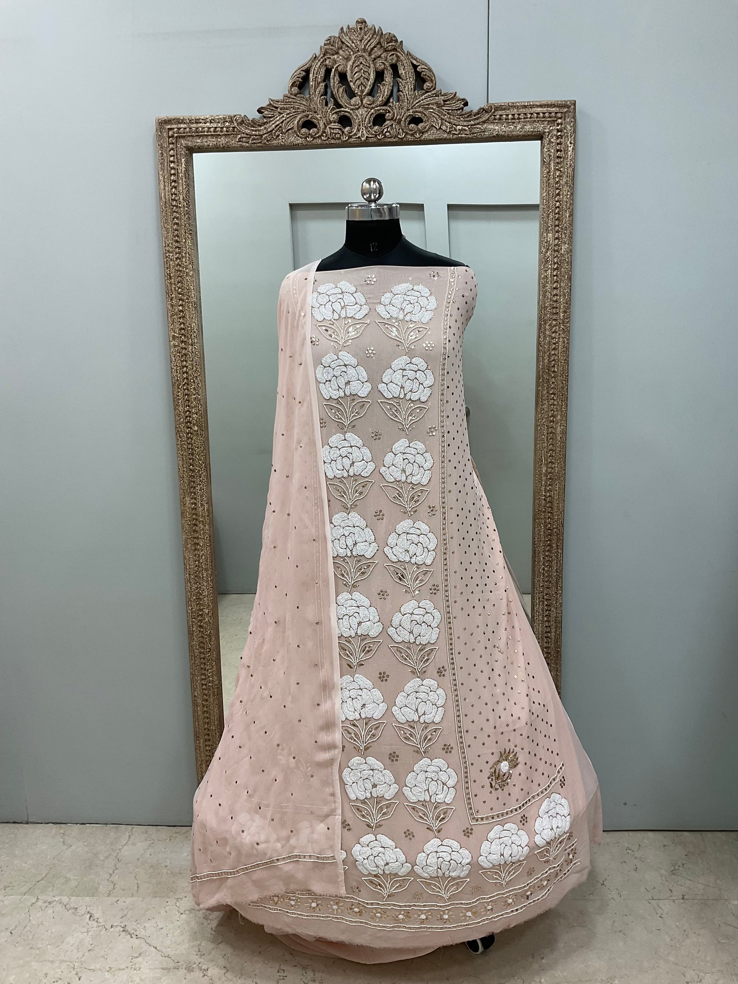Badla Mukaish and Heavy Pearl Work Shirt and Dupatta Peach