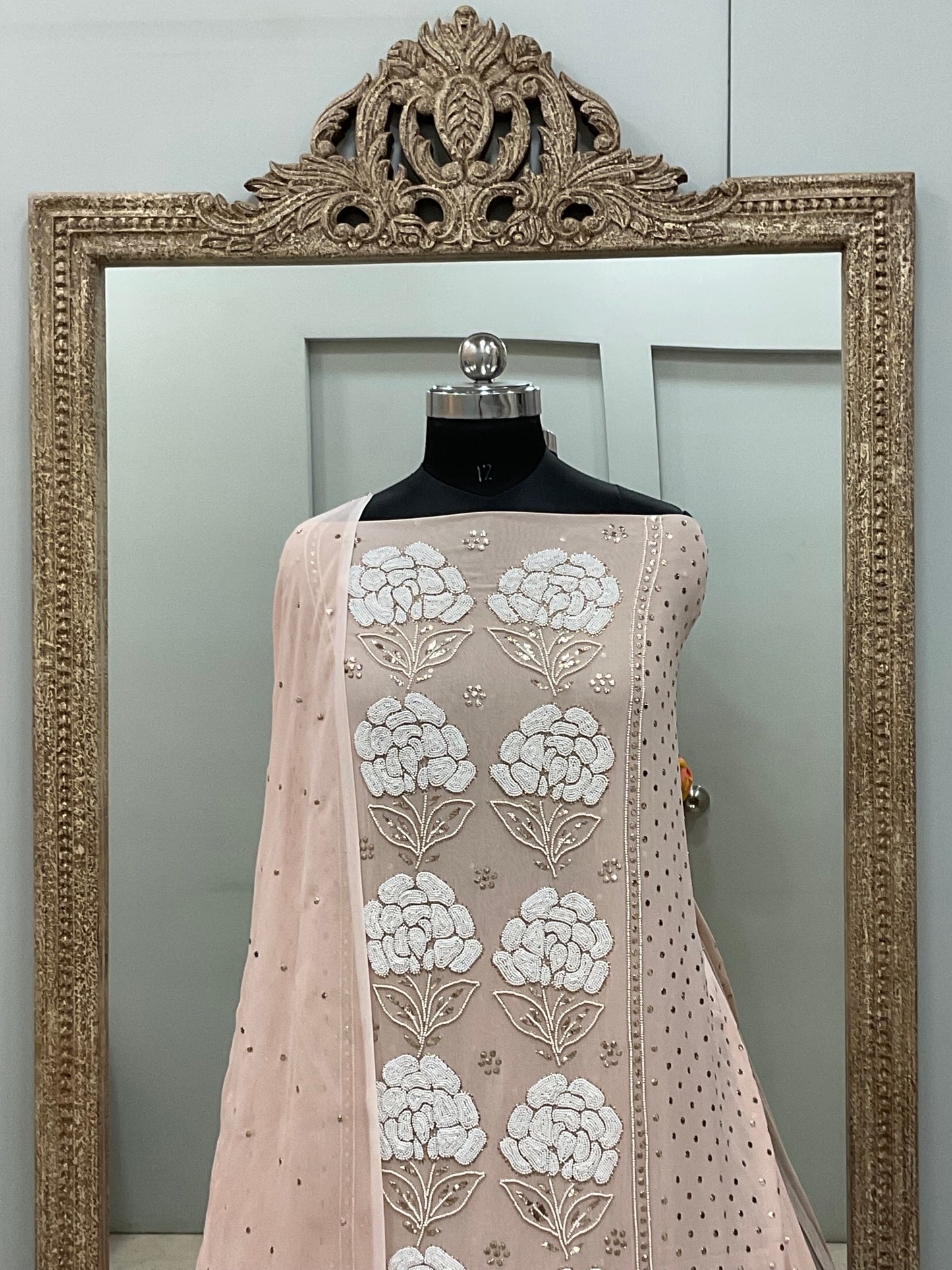 Badla Mukaish and Heavy Pearl Work Shirt and Dupatta Peach
