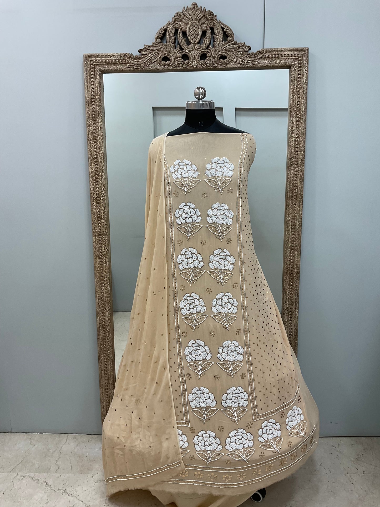 Badla Mukaish and Heavy Pearl Work Shirt and Dupatta Beige