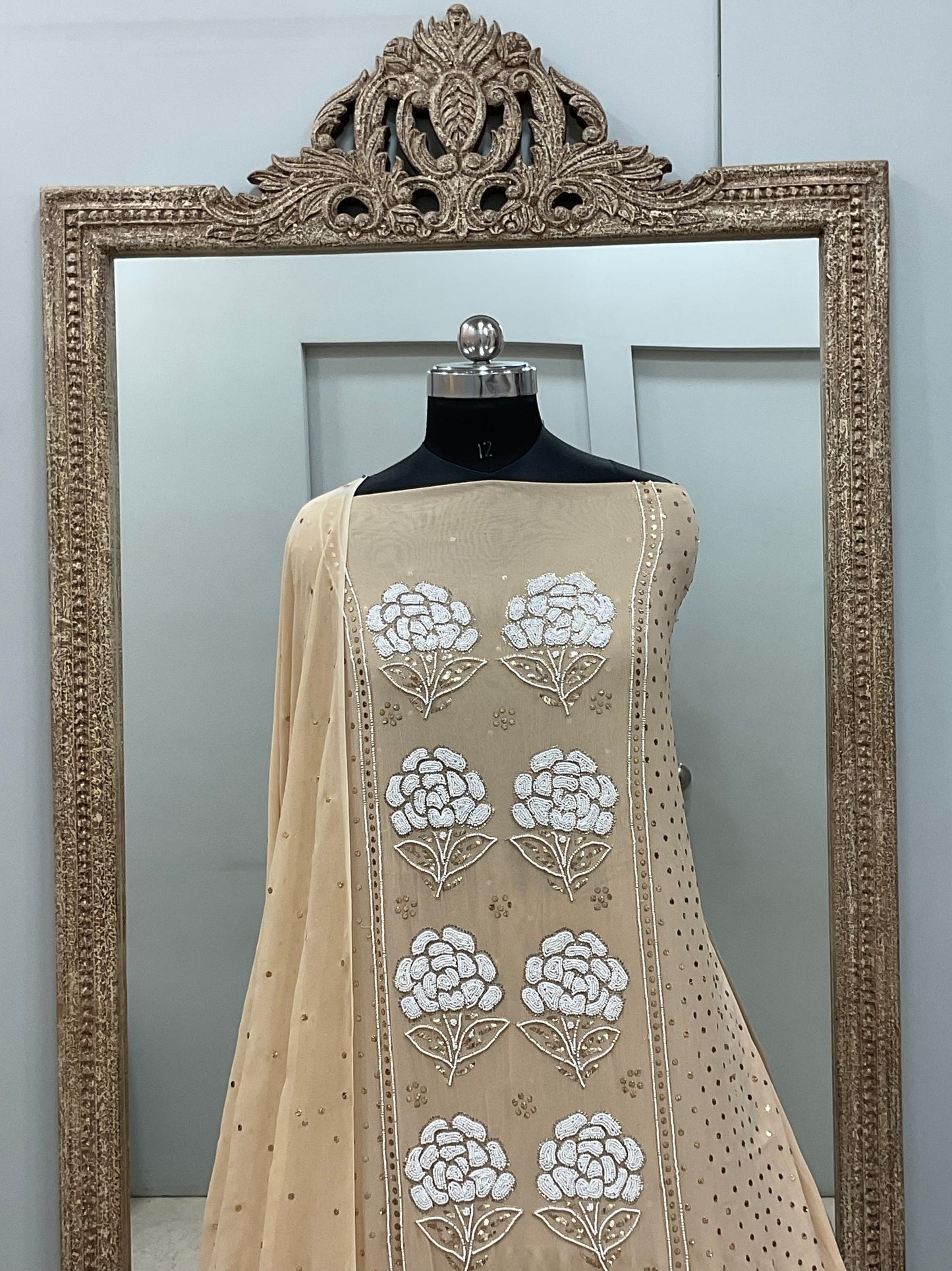 Badla Mukaish and Heavy Pearl Work Shirt and Dupatta Beige