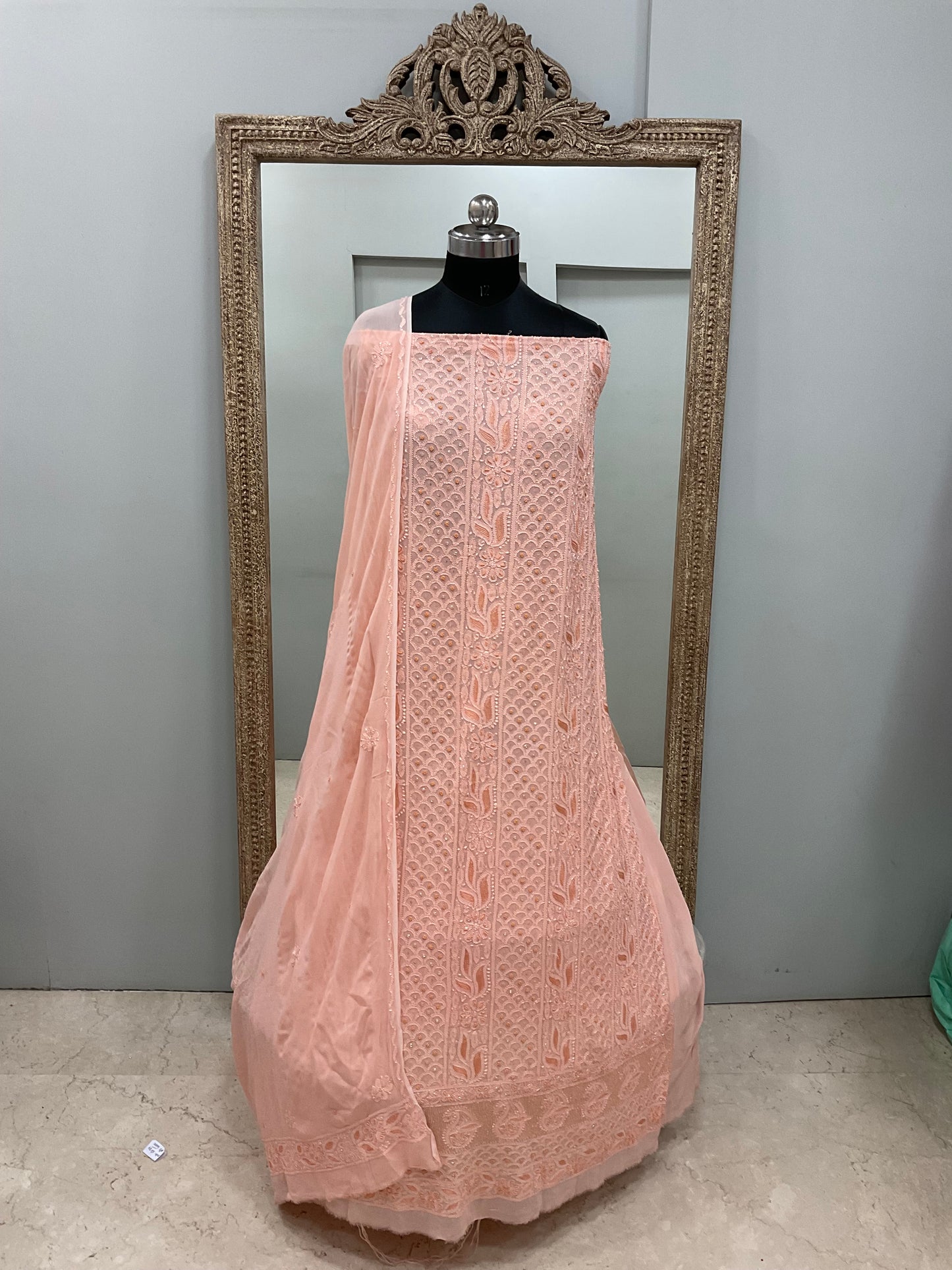 Georgette Straight Cutdana and Sequence Work Peach