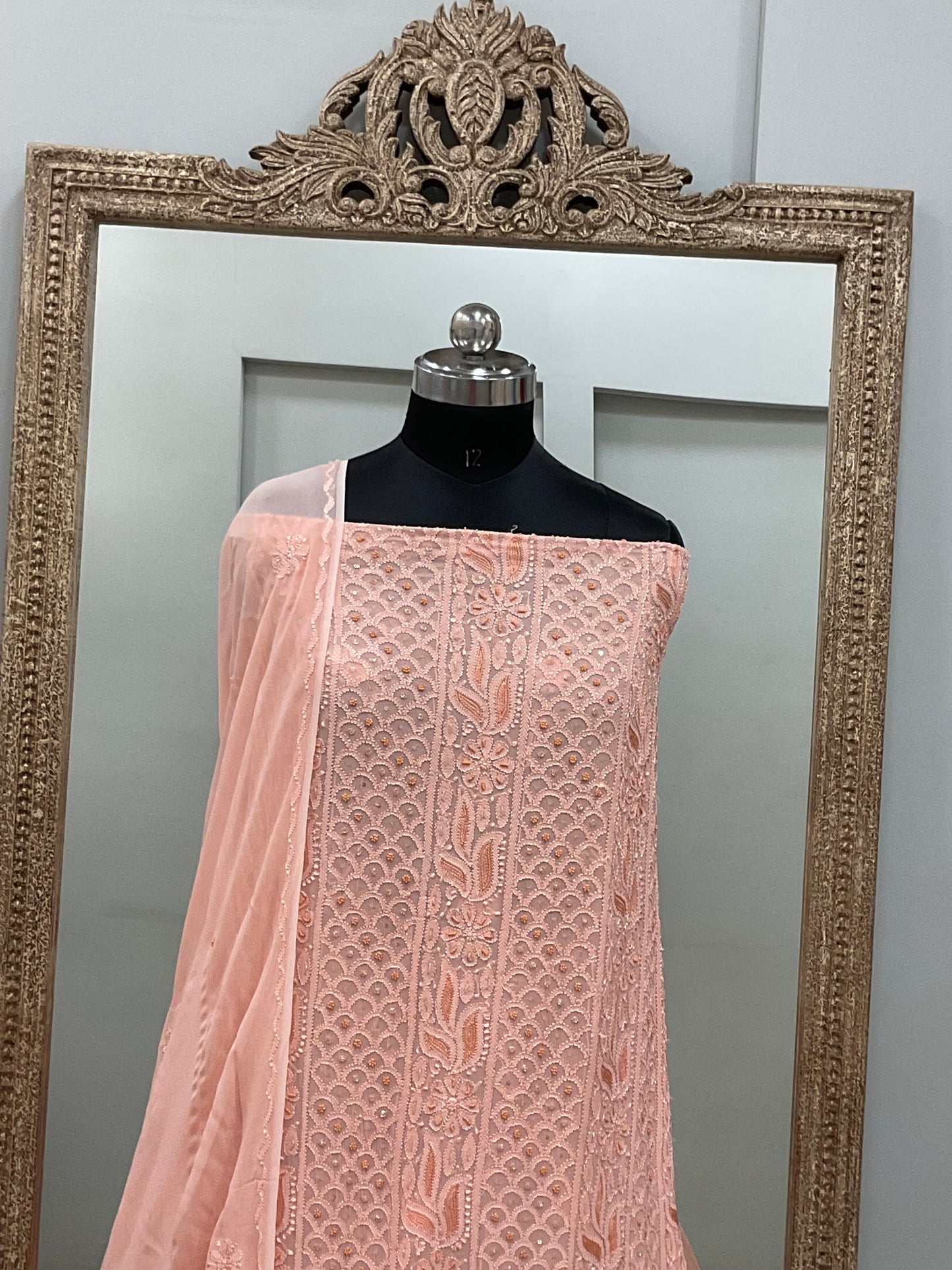 Georgette Straight Cutdana and Sequence Work Peach