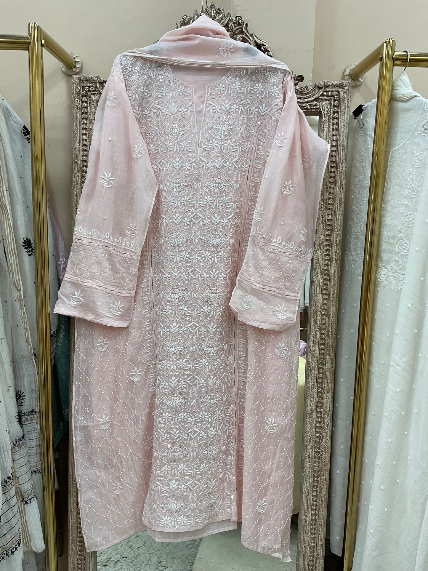 Pure Mulmul Cotton Semistiched Kurta Pearl And Addon Work With Dupatta Pink