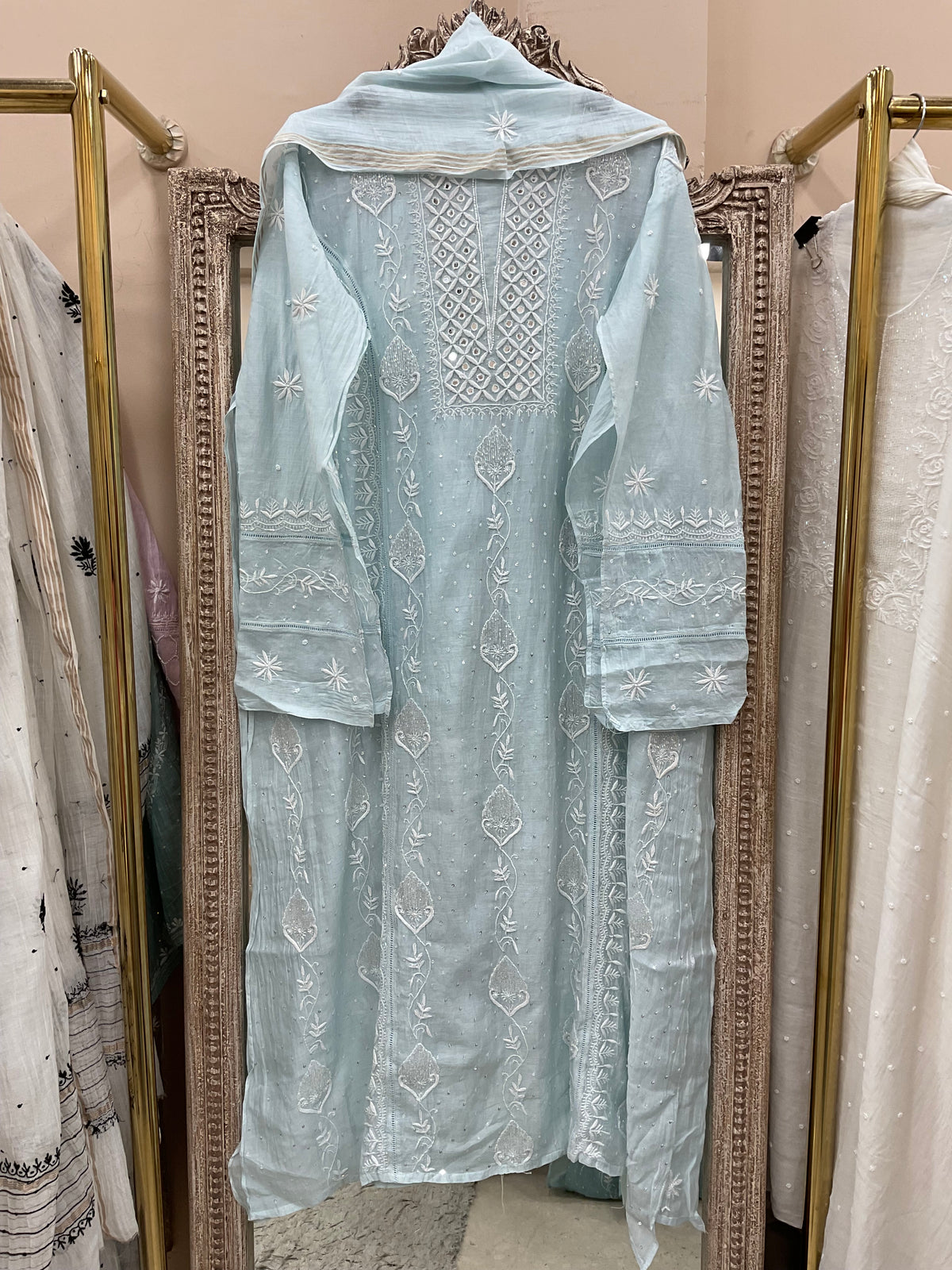 Pure Mulmul Cotton Semistiched Kurta Pearl And Addon Work With Dupatta Blue