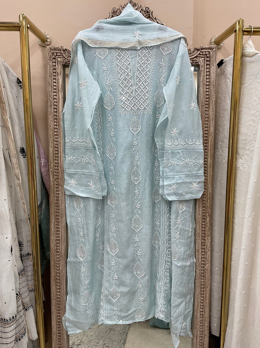 Pure Mulmul Cotton Semistiched Kurta Pearl And Addon Work With Dupatta Blue