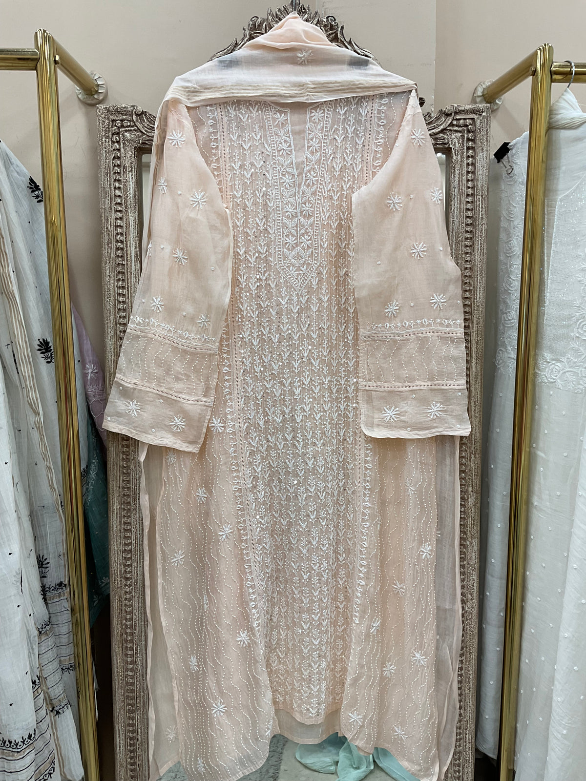 Pure Mulmul Cotton Semistiched Kurta Pearl And Addon Work With Dupatta Peach