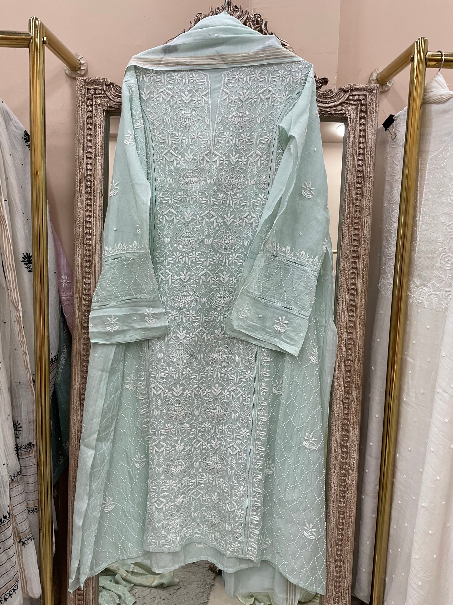 Pure Mulmul Cotton Semistiched Kurta Pearl And Addon Work With Dupatta Light Green