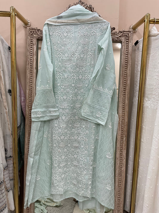 Pure Mulmul Cotton Semistiched Kurta Pearl And Addon Work With Dupatta Light Green