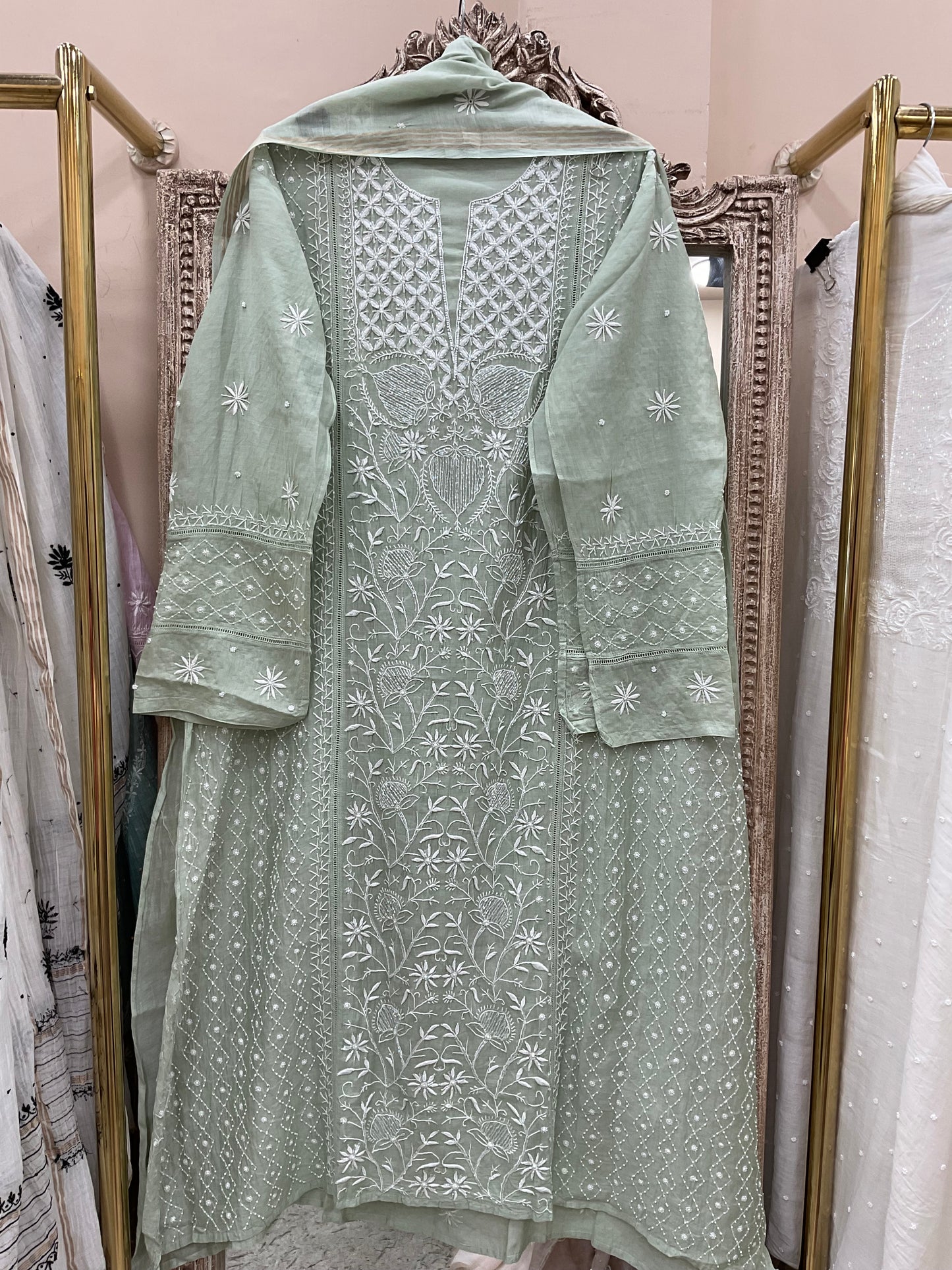 Pure Mulmul Cotton Semistiched Kurta Pearl And Addon Work With Dupatta Green