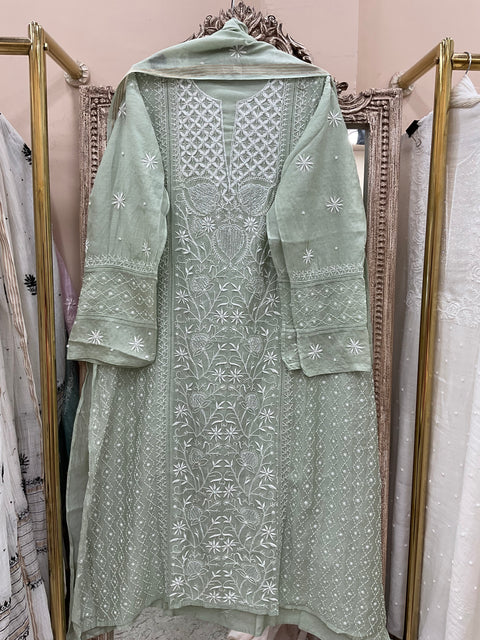 Pure Mulmul Cotton Semistiched Kurta Pearl And Addon Work With Dupatta Green