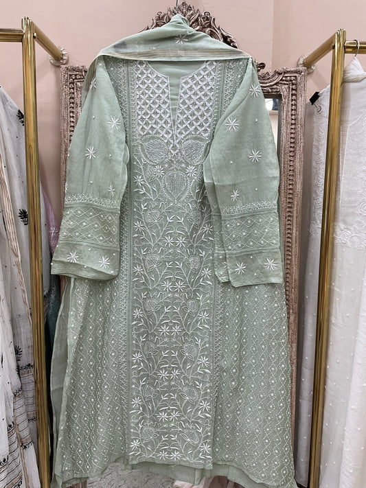 Pure Mulmul Cotton Semistiched Kurta Pearl And Addon Work With Dupatta Green