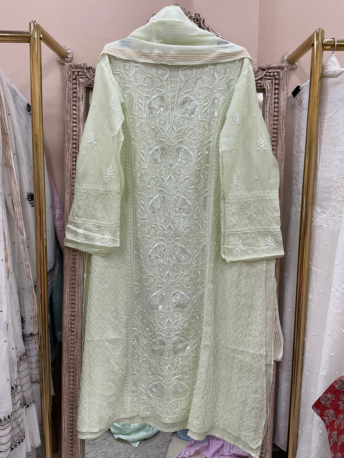 Pure Mulmul Cotton Semistiched Kurta Pearl And Addon Work With Dupatta Green