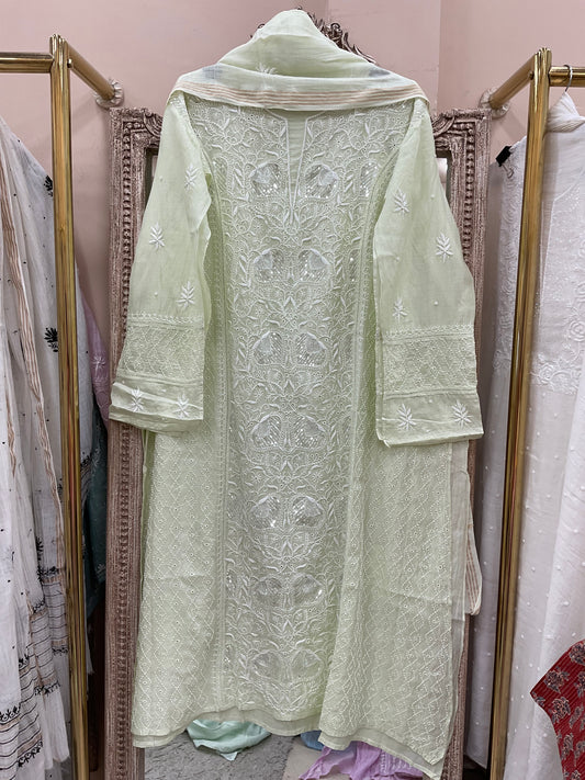Pure Mulmul Cotton Semistiched Kurta Pearl And Addon Work With Dupatta Green