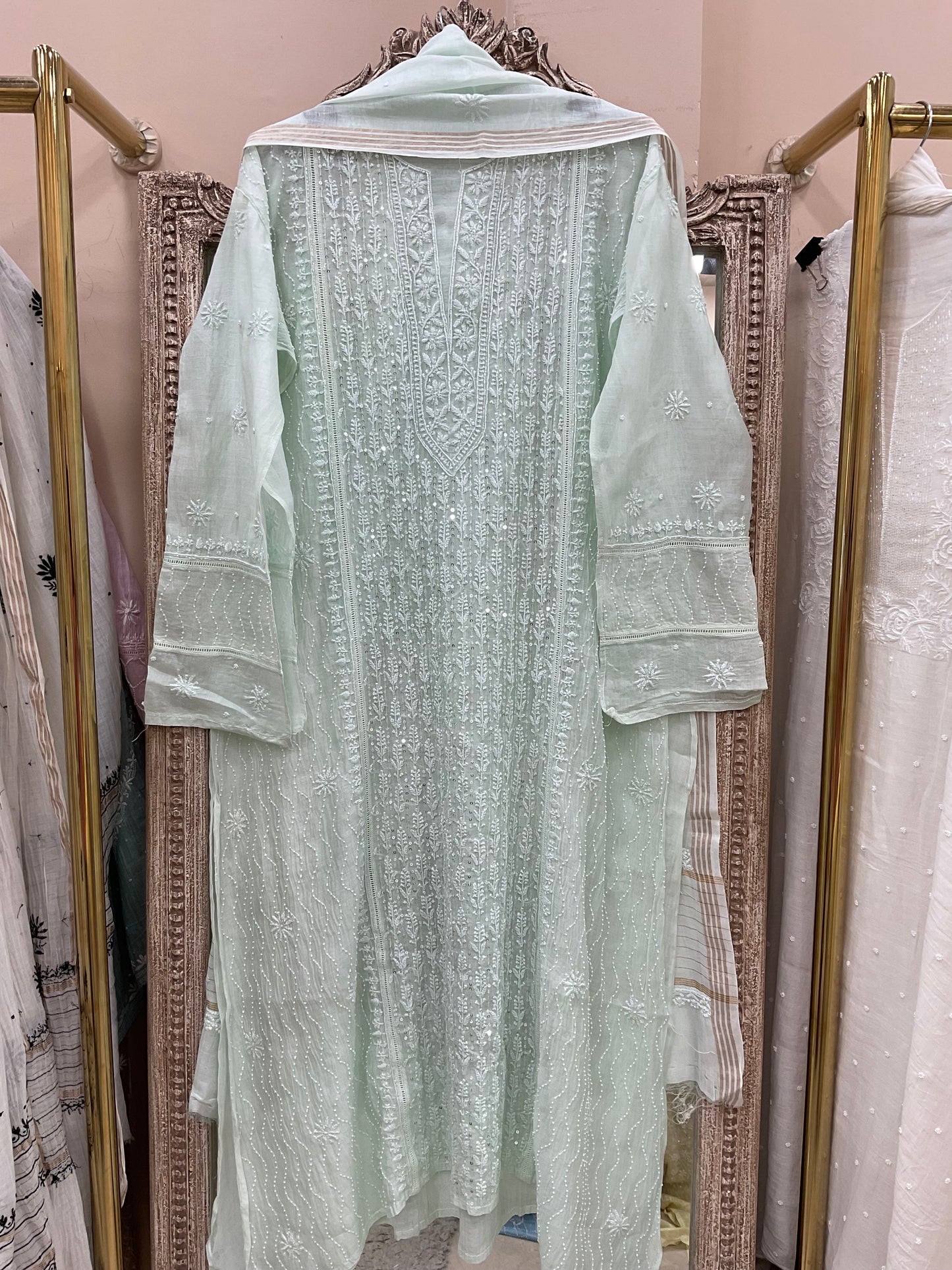Pure Mulmul Cotton Semistiched Kurta Pearl And Addon Work With Dupatta Sage Green
